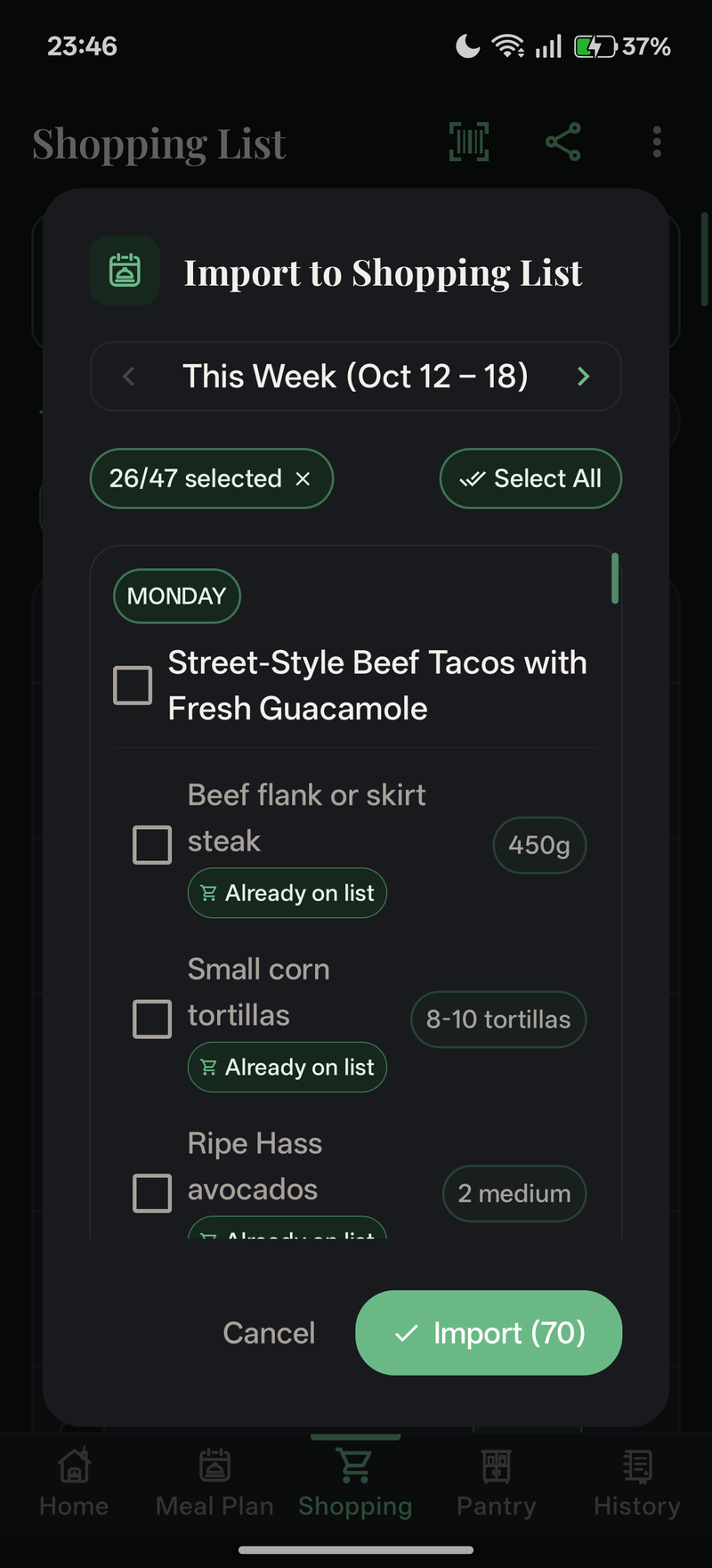Import from Meal Plan Dialog (Dark Mode)