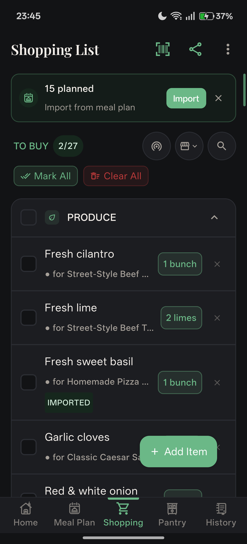 Connected Grocery Checklist (Dark Mode)