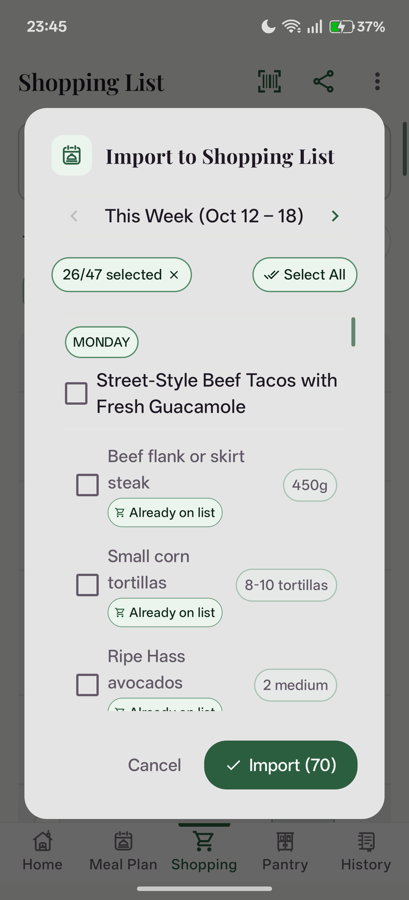 Import from Meal Plan Dialog (Light Mode)
