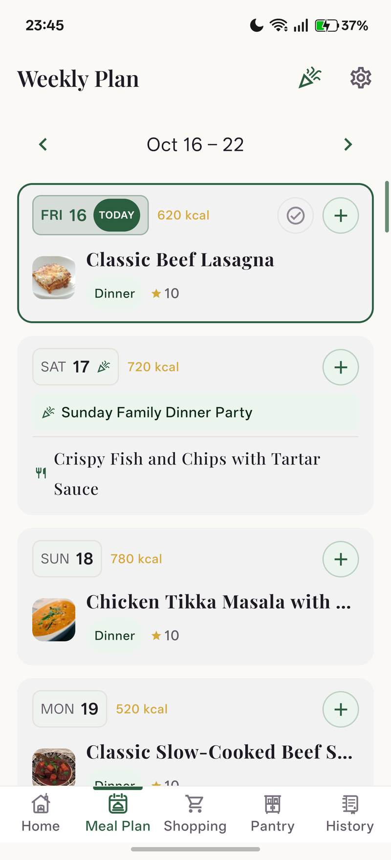 7-Day Meal Calendar & Real Life Events (Light Mode)